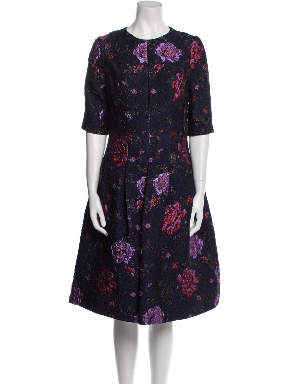 Teri Jon Navy Midi Dress with Purple and Red Floral Jacquard